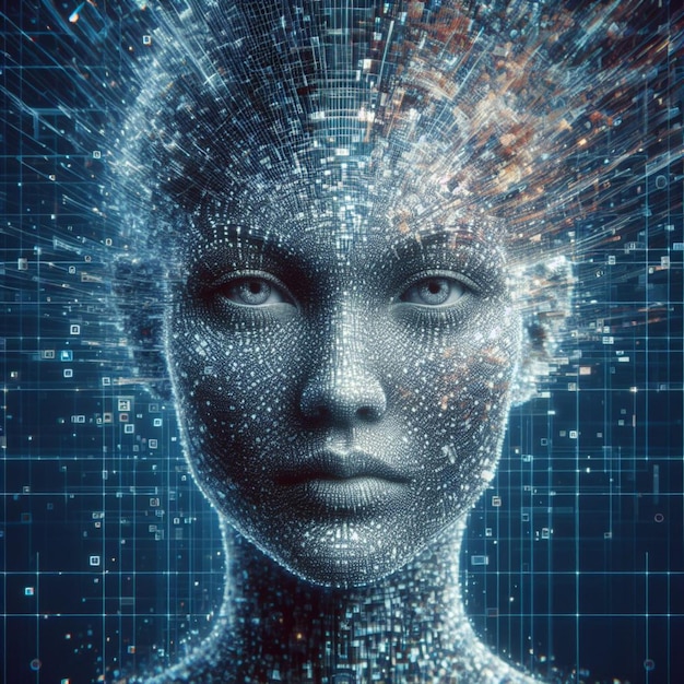 Concept di intelligenza artificiale modello 3D del viso umano fatto di linee stile arte surreale supremo