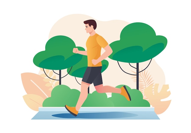 Concept di jogging con la scena della gente in stile cartone animato piatto Un giovane uomo corre in un parco verde