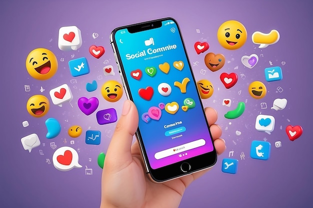Concept di piattaforma di comunicazione di social media 3D onlineCon il telefono in mano con emoji