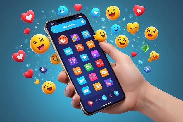 Concept di piattaforma di comunicazione di social media 3D onlineCon il telefono in mano con emoji