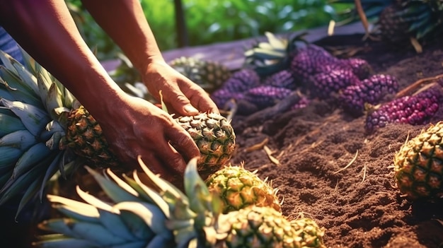 Concept di raccolta dell'ananas da parte di un agricoltore