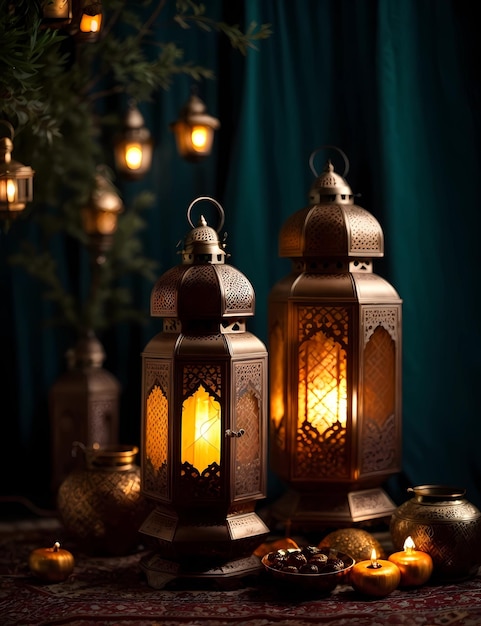 Concept di Ramadan e Eid al-Fitr date wallpaper con lampada tradizionale araba lanterna