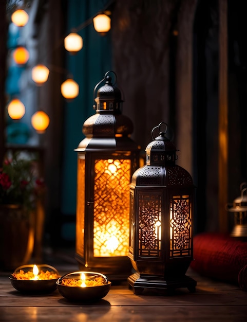 Concept di Ramadan e Eid al-Fitr date wallpaper con lampada tradizionale araba lanterna