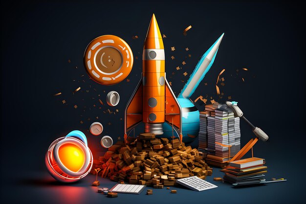 Concept di rendering 3D dell'esplorazione spaziale Set con Rocket cup lampadina bacchetta magica monete generative ai