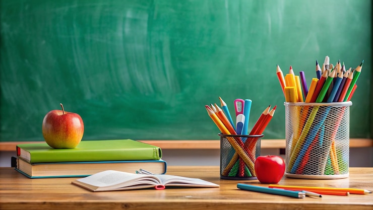 Foto concept di ritorno a scuola con libri, matite e una mela