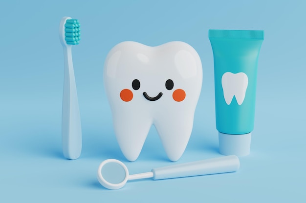 Concept di salute dentale Dente carino con spazzolino da denti Pasta da denti e specchio dentale Rendering 3D