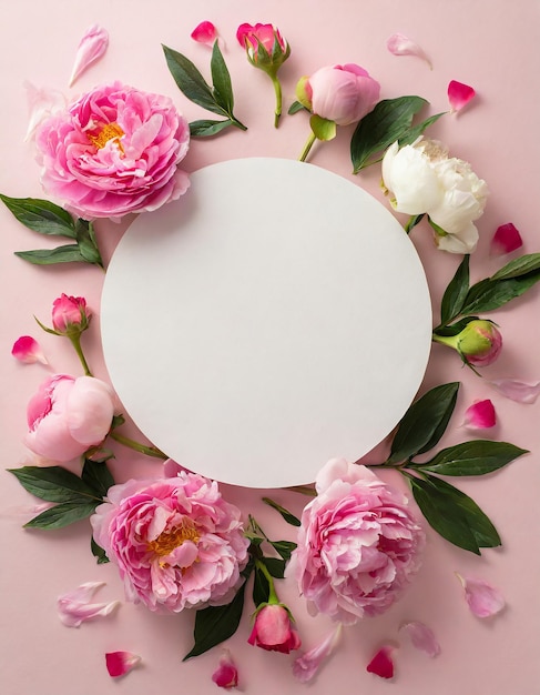 Concept di San Valentino Foto in vista superiore di cerchio bianco vuoto e fiori primaverili rosa