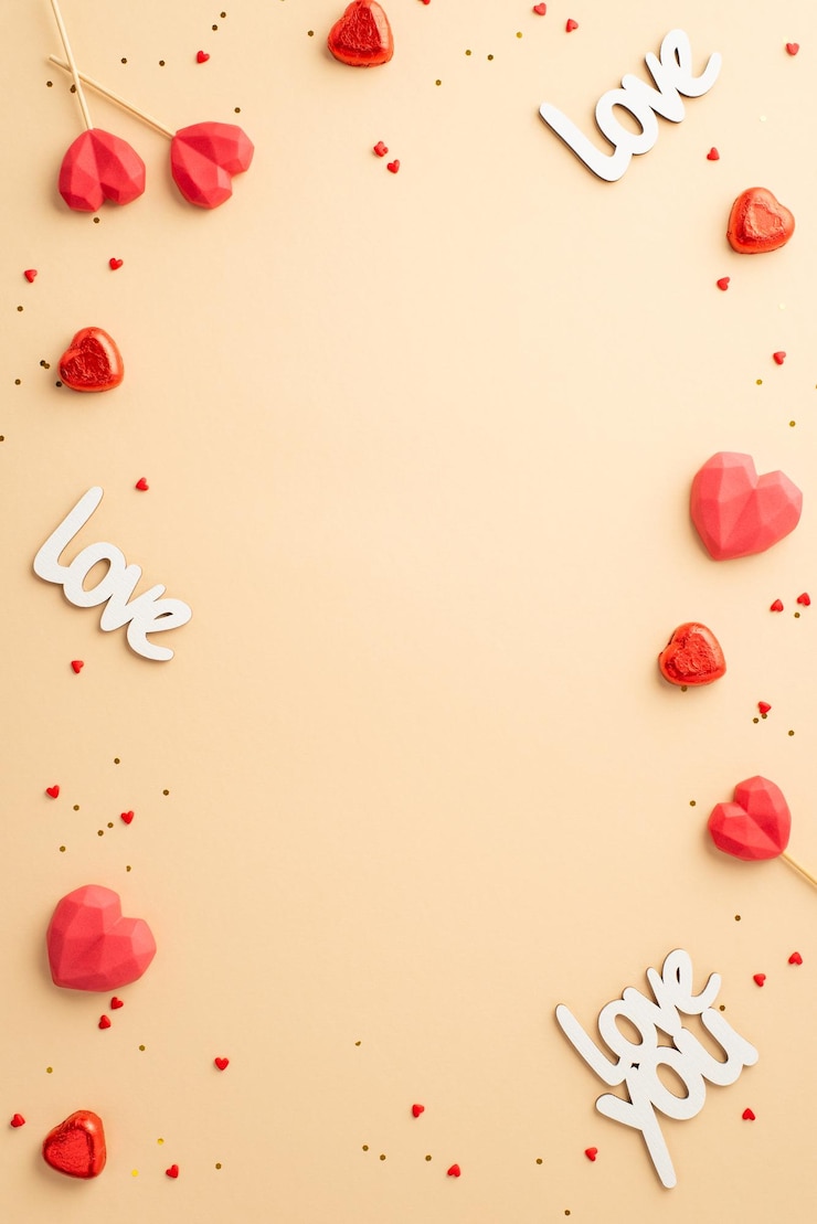 Foto concept di san valentino top view foto verticale di lecca-lecca a forma di cuore cioccolato caramelle iscrizioni amore e spruzzate su sfondo beige pastello isolato con copyspace al centro
