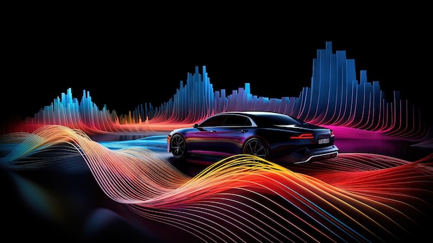 Concept di servizio di installazione audio per auto con veicolo auto circondato da musica e equalizzatore di onde sonore