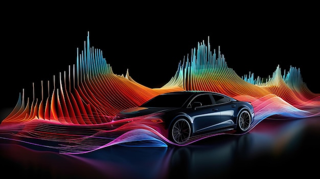 Concept di servizio di installazione audio per auto con veicolo auto circondato da musica e equalizzatore di onde sonore