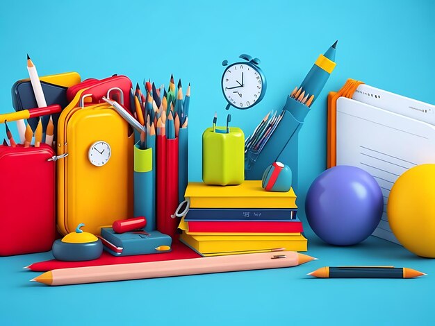 Concept di sfondo dell'istruzione Back to School con accessori e oggetti scolastici Illustrazione di rendering 3D
