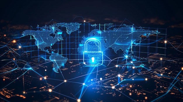 Concept di sicurezza informatica Simbolo di blocco blu Punto di connessione della rete su sfondo blu Mappa mondiale della sicurezza dei dati di connessione globale