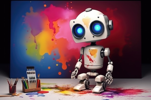 Concept di tecnologia artistica generativa robot pittura immagine in studio comeliness