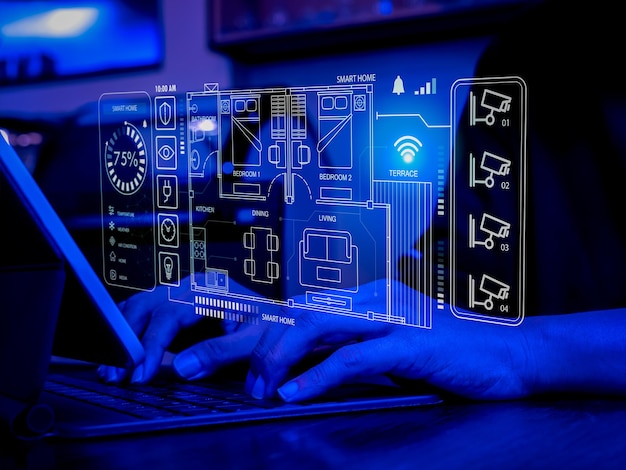 Concept di tecnologia per la casa intelligente Interfaccia virtuale della sezione di pianta digitale della casa per l'automazione Assistente tecnologica Camera di sicurezza Schermata di controllo dell'elettricità sul computer portatile Tono blu