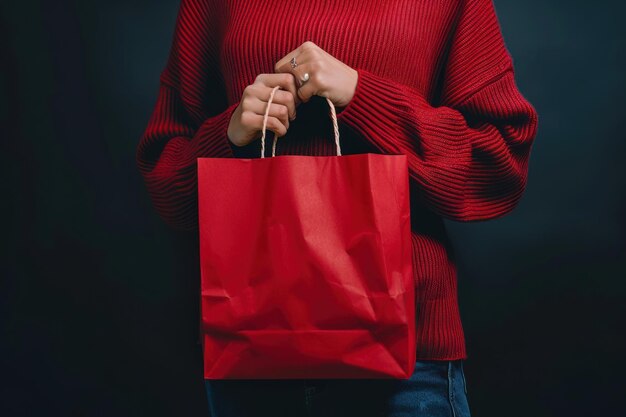 Concept di vendita del venerdì nero Donna che fa acquisti con una borsa isolata su uno sfondo scuro