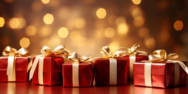Concept di vendita di Capodanno con scatole regalo su sfondo Bokeh rosso con spazio di copia