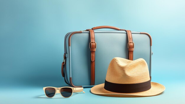 Concept di viaggio in stile minimale con valigia blu