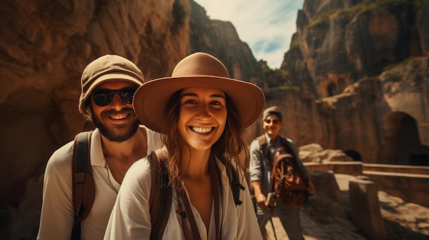 Concept di viaggio in Turchia coppia turistica felice uomo e donna in cappello sfondo vecchia tomba