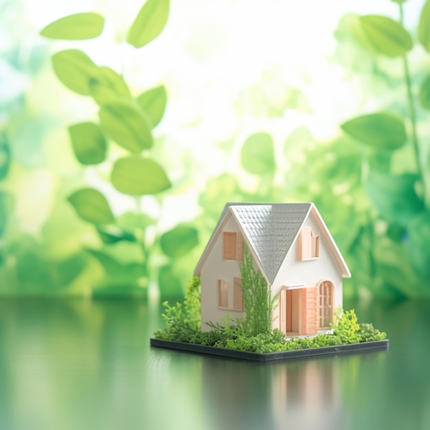 Concept di vita verde Casa in miniatura con uno sfondo bokeh naturale Per i social media