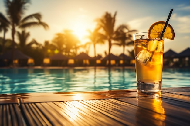 Concept estivo di un bicchiere di cocktail alla piscina dell'hotel