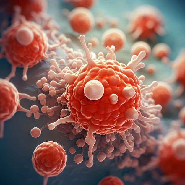 Concept medico fotografico 3D di close-up di cellule di leucemia sotto microscopio astratto