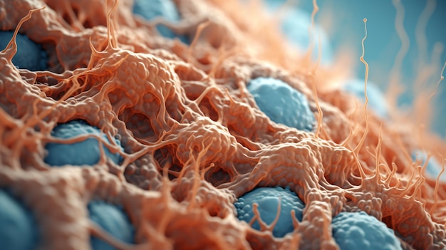 Concept medico fotografico 3D di primo piano delle cellule della pelle sotto microscopio astratto