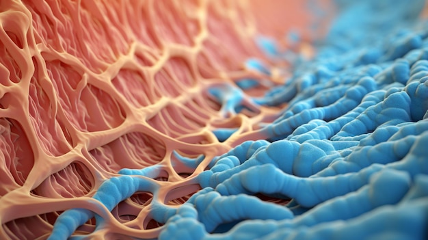 Concept medico fotografico 3D di primo piano delle cellule muscolari sotto microscopio astratto