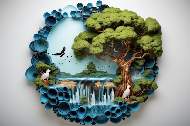 Concept of ecology and world water day Paper art design of preserving natural resources