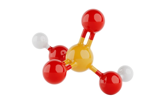 Concept scientifico chimico colorato modello di struttura molecolare dell'acido solforico con atomi collegati da legami rendering 3d