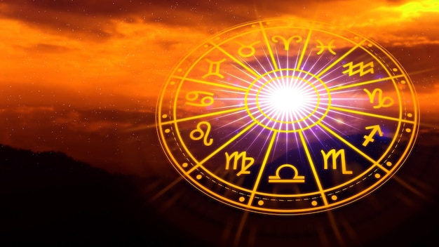 Concepto di astrologia e oroscopo persona all'interno di una ruota di segni zodiacali Segni astrologici all'interno del cerchio dell'oroscopo Astrologia conoscenza delle stelle nel cielo potere del concetto dell'universo