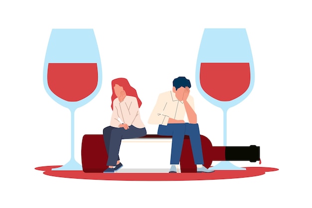 Concepto di dipendenza dall'alcol uomo e donna seduti su una bottiglia di vino giovani personaggi che bevono persone tristi abitudini perniciose illustrazione piana di cartone animato concetto di ubriachezza vettoriale
