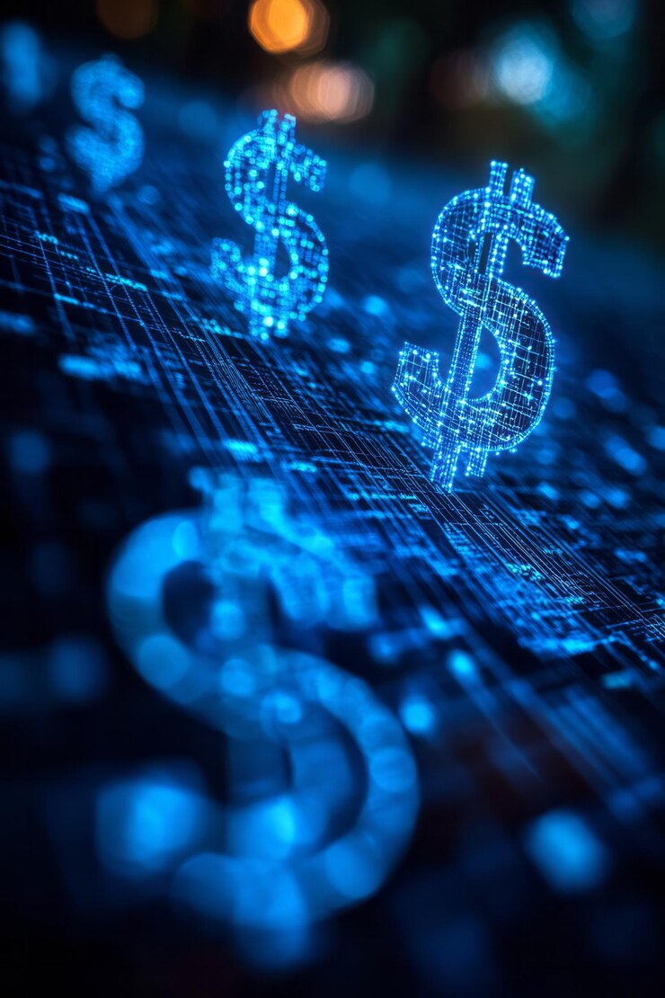 Conceptual depiction of financial growth with ascending lines and abstract dollar symbols