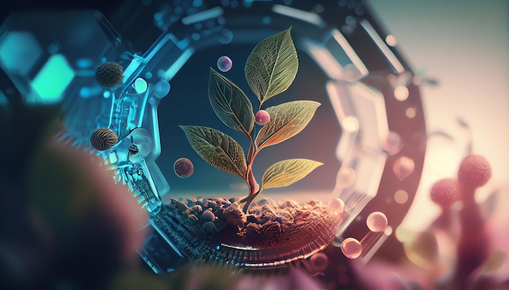 Conceptual image with green plant growing from seedgenerative ai