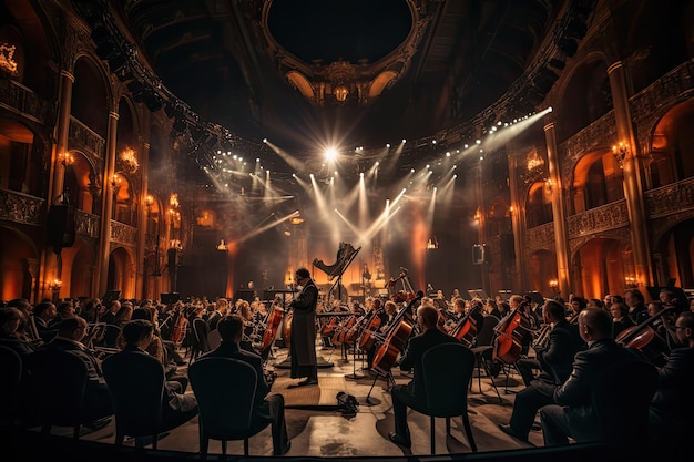 concerto d'orchestra sul palco del teatro Sinfonica Musicisti dell'Orchestra Sinfonica di Stato strumenti dell'orchesta sinfonica sul palco partitura durante il concerto AI Generato