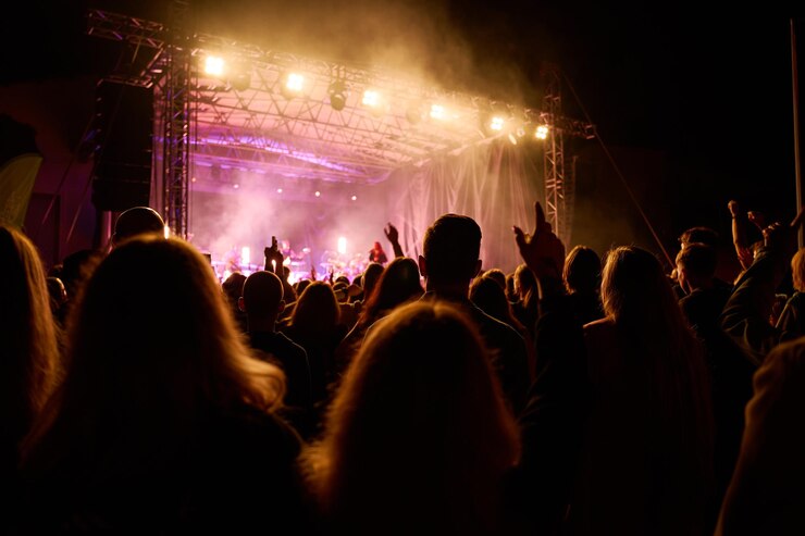 Concerto dal vivo con luci colorate di scena di notte