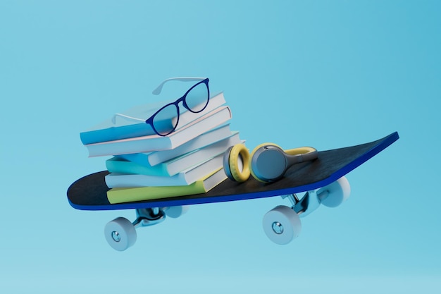 Concetti di apprendimento libri occhiali cuffie su uno skateboard su sfondo blu rendering 3D