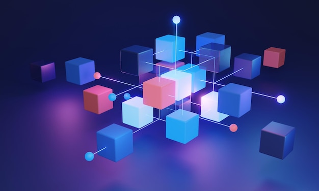 Concetto 3D del sistema blockchain decentralizzato che utilizza la tecnologia algoritmica e una rete distribuita per dati sicuri