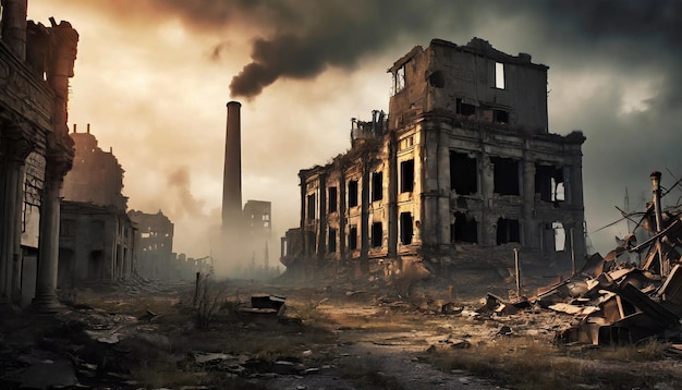 Concetto apocalittico rovine di città abbandonata vecchia fabbrica rotta e edifici di tonalità scura
