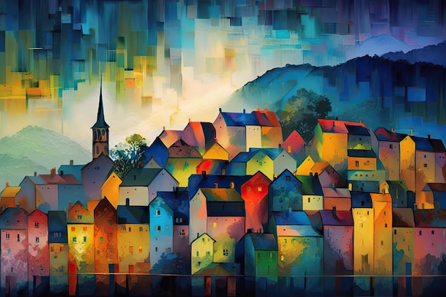 Concetto arte astratta moderna variopinta nel villaggio austriaco in casa grafica