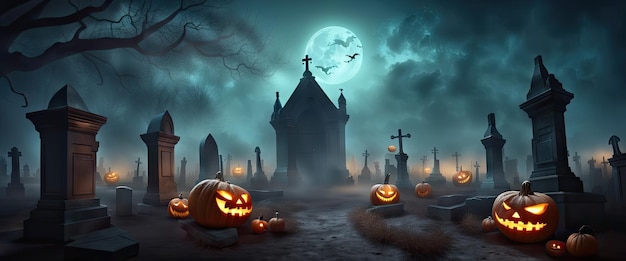 Concetto artistico di sfondo di Halloween con zucca in un cimitero spettrale di notte con luna piena