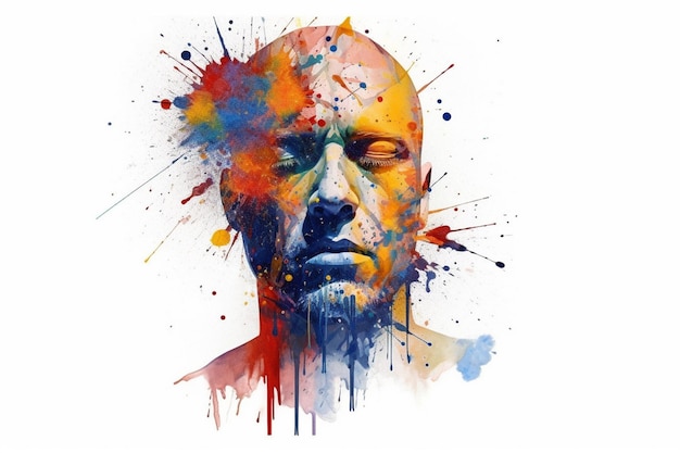 Concetto astratto creativo di salute mentale Illustrazione colorata dello stile splatter della vernice della testa maschile