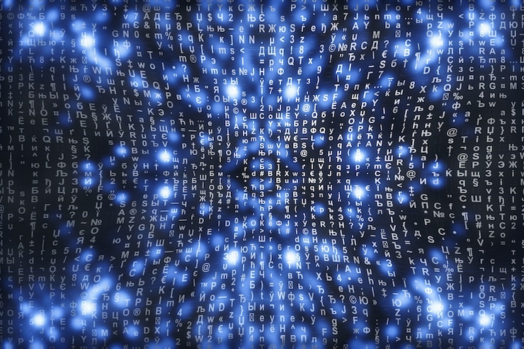 Foto concetto astratto di cyberspazio. i personaggi cadono. matrice dal flusso di simboli. progettazione di realtà virtuale. pirateria informatica complessa. ciano scintille digitali.