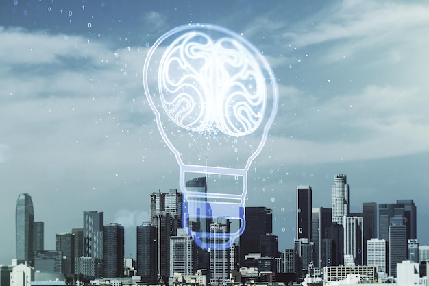 Concetto astratto di idea virtuale con lampadina e illustrazione del cervello umano sullo sfondo dello skyline di Los Angeles Reti neurali e concetto di apprendimento automatico Multiesposizione