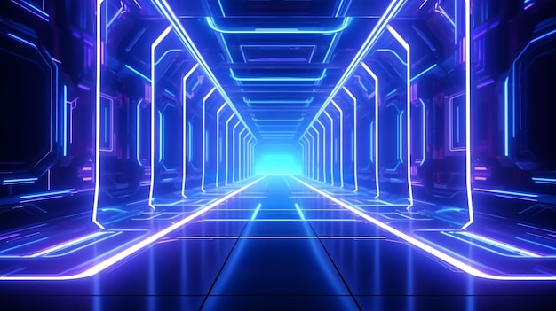Concetto astratto di luce al neon 3d del corridoio fantascientifico