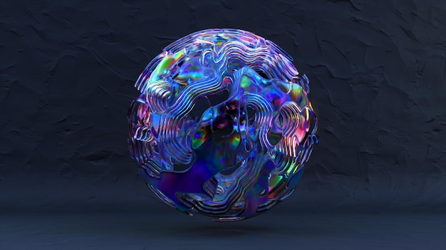 Concetto astratto Una palla di sostanza liquida arcobaleno su uno sfondo blu La superficie della palla si muove e cambia colore