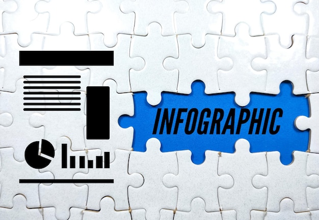 Concetto aziendaleINFOGRAFICA di testo con icona semplice e puzzle su sfondo blu