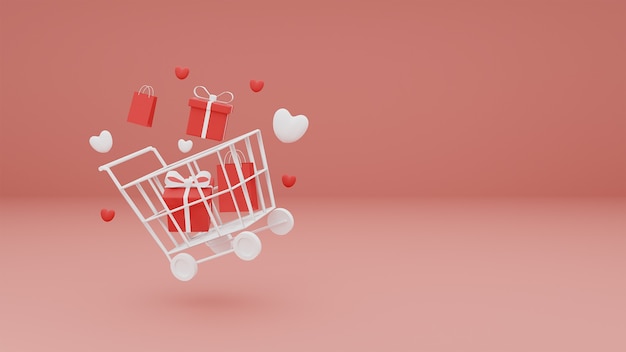 Concetto Buon San Valentino di cuore e confezione regalo nel carrello su sfondo rosa pastello. Rendering 3D