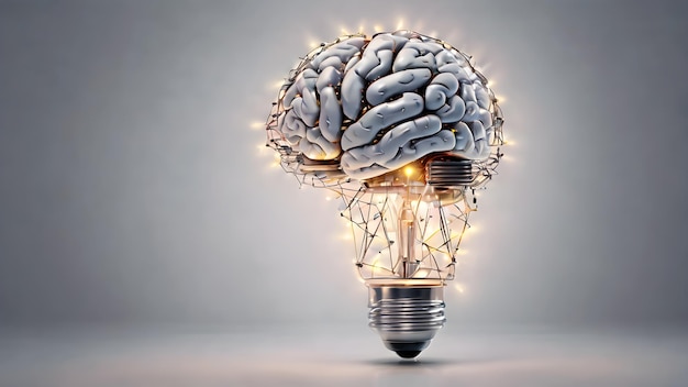 Concetto creativo del cervello umano in una lampadina Immagine generata dall'IA Cervello creativo Idea e concetto di lampadina Concetto commerciale e educativo