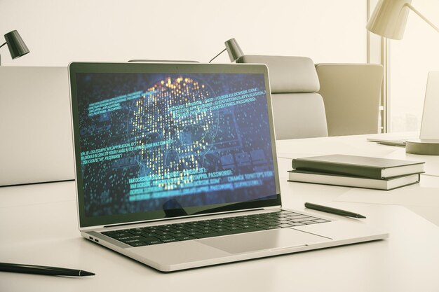 Concetto creativo dell'illustrazione del cranio del codice sullo schermo di un laptop moderno Concetto di hacking e phishing rendering 3D