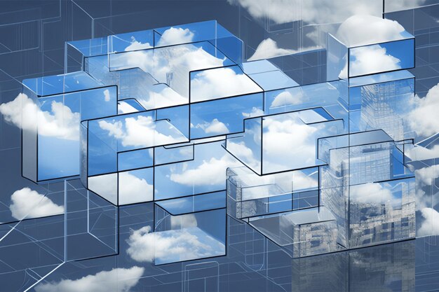 Concetto creativo di cloud in un cubo di vetro Memorizzazione delle informazioni sulla sala server digitale Cloudscape